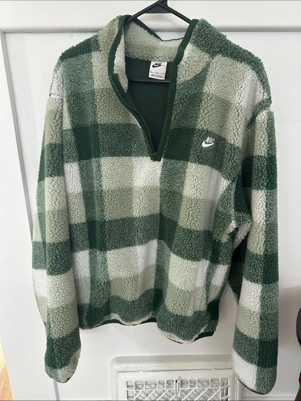 Nike Men’s Green and Cream Plaid Sherpa Quarter-Zip Pullover